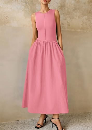 Image of PRETTYGARDEN Maxi Dresses for Women 2026 Summer Casual Sleeveless Patchwork Flowy Vacation Sundress Knit Long Work Tank Dress