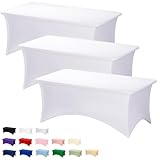 Fixwal 3 Pack White Table Cloths Rectangle 6FT, Tablecloths Rectangular Stretch Spandex Fitted Table Covers 6FT for Parties, Trade Shows, Banquet, Weddings, Buffet, Graduation Decorations