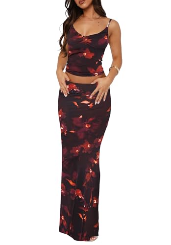 Image of Two Piece Skirt Set for Women - Sexy Sleeveless Spaghetti Strap Pleated Tank Top Maxi Long Skirts Sets
