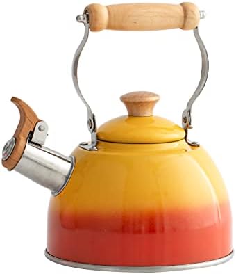 ROCKURWOK Whistling Tea Kettle, 1.6 QT / 50 OZ, Gradient Orange Teapot, Universal Base for Induction | Gas | Electric | Halogen | Radiant, Wooden Handle, Vintage