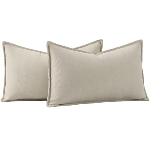Madizz Textured Chenille Cushion Covers Set of 2 Super Soft Decorative Throw Pillow Covers Boho Pillowcases Modern Home Decor for Sofa Bedroom 12x20 inch 30x50 cm Beige