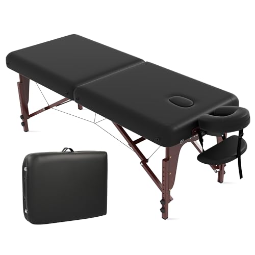 ABET Massage Table 28\" Wide, Portable Tattoo Table, Memory Foam PU Leather Professional 2 Fold Facial Esthetician Salon SPA Bed with Oxford Carrying Bag & Sturdy Wooden Leg, Hold Up to 1100LBS