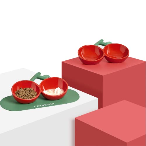 VETRESKA Cherry Cat Food Bowl Ceramic Cat Bowls for Food and Water, Tilted Cat Feeder Protect Cat's Spine Anti Vomiting, Shallow Puppy Bowls Cats Dog Dish with Non-Skid Mat VETRESKA Cherry Cat Food Bowl Ceramic Cat Bowls for Food and Water, Tilted Cat Feeder Protect Cat's Spine Anti Vomiting, Shallow Puppy Bowls Cats Dog Dish with Non-Skid Mat