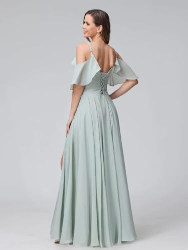 Women Chiffon Long Bridesmaid Dresses Ruffle Sleeve Slit Formal Evening Party Gown with Pocket TB952