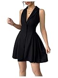 SOLY HUX Women's Summer Mini Dress Button Down Sleeveless Collared V Neck Business Casual A Line Dresses Plain Black Large