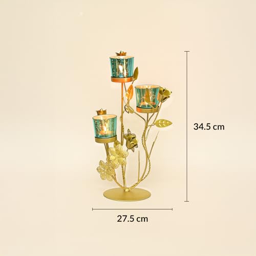 Image of MARKET 99 Metal + Glass 3 Votive T-Light Holder Flower Shape | Golden & Blue Decorative Candle Holder for Christmas, Diwali, Weddings, Parties & Festive Home Decor | Stylish Tealight Stand