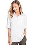 mosingle Langarmshirts für Damen, schnell trocknend, Knopfleiste, UPF 50+, Sonnenschutz, Outdoor, Wandern, Reisen, 5019# Weiß, Large