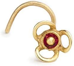 Flower Nose Stud: Gold 14Kt Handmade Nostril Jewelry w/Red Enamel in 18 Gauge
