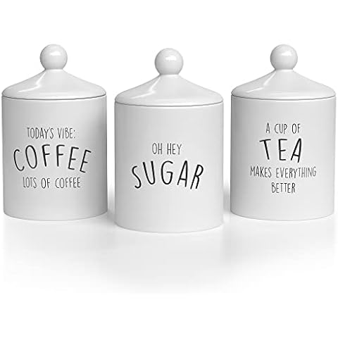 Barnyard Designs Canister Sets for Kitchen Counter, Decorative Coffee Tea Sugar Container Set, Rustic Farmhouse Canisters Ceramic Jar, White, Set of 3 Cover