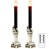 Lasumora Halloween Black Flameless Taper Candles Flickering with Remote Timer, Battery Operated Led Taper Candle, 2 Pcs Drip Wax Candlesticks with Skull Hand Candle Holder for Halloween Decorations