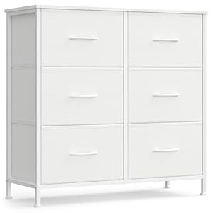 SONGMICS Dresser for Bedroom, Chest of Drawers, TV Stand, Steel, MDF, 6 Non-Woven Fabric Drawers, Storage Organizer Unit, Closet, Entryway, Cloud White and Snow White ULGS123W01S