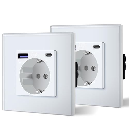 BSEED Enchufe Pared con 20W USB y Tipo C,Enchufe USB C de Cristal,Carga Rápida,3 en 1，Fácil Instalación,1 Enchufe-2 Pack,86mm Blanco