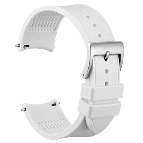 WOCCI 20mm Watch Strap, Curved End, Silky Touch Silicone, Silver Buckle (White)