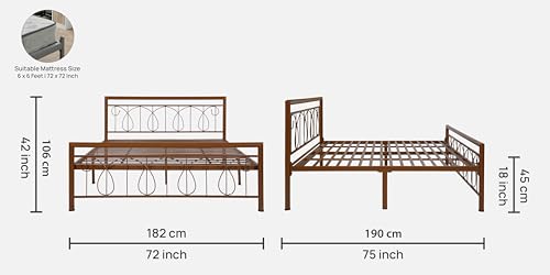 Image of Kovu Metal King Size Bed Without Storage | Wrought Iron Double Bed with Headboard & Footboard | Sturdy Powder Coated Platform Bed King Size Cot for BedroomLivingRoom Brown (75x72)