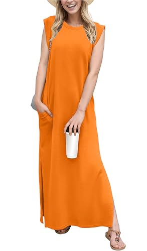 GRECERELLE Summer Maxi Dress Wedding Guest Maternity Party Casual Shirt Elegant Sleeveless Dresses for Ladies with Split and Pockets (Vibrant Orange,M)
