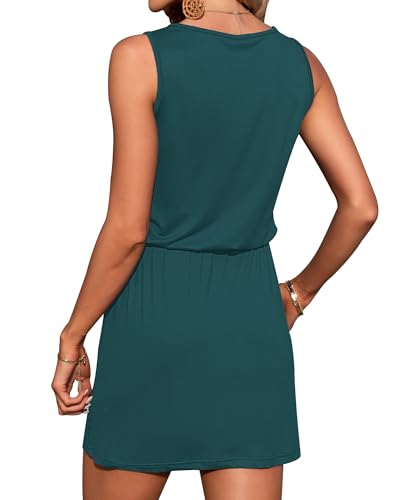 Image of AUSELILY Womens Summer Dress Casual Sleeveless Drawstring Short Dresses | Adjustable drawstring waist for a custom fit, plus 2 side pockets-perfect beach-to-street sundress