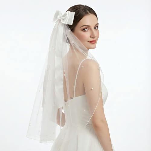 AOREAS White Pearl Wedding Veil Bachelorette Party Veil Bow Wedding Veil for Bridal Shower Bridal Bachelorette Party Accessories for Women