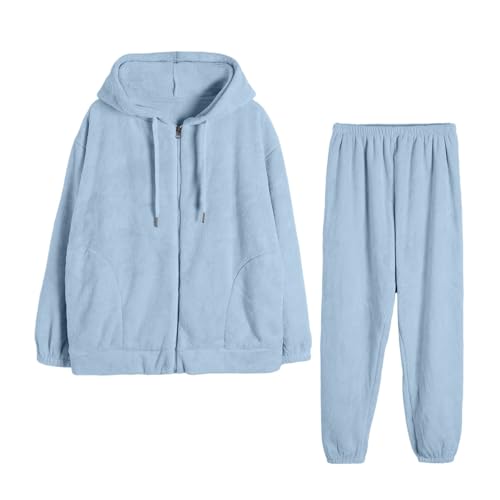 Generisch Pijama largo para mujer, juego de pijama de invierno, forro polar, mullido, cálido, fuzzy, ropa de dormir de dos piezas, camiseta de manga larga con pantalones de pijama con cremallera, azul