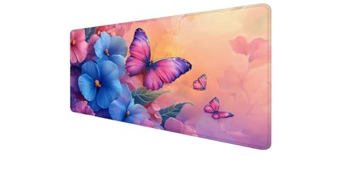 Tapis de souris XXL gaming 900x500mm motif fleur papillon avec bords cousus pour PC