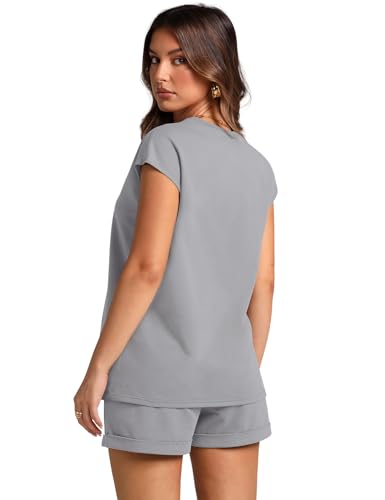 Image of WIHOLL 2 Piece Sets for Women Casual Summer Travel Vacation Outfits Cap Sleeve Shorts Lounge Set