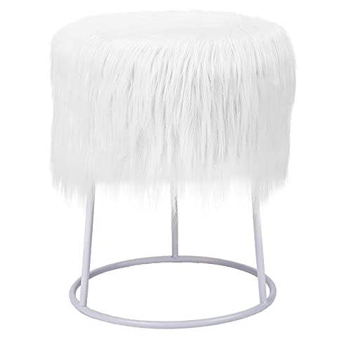 Birdrock Home Round White Faux Fur Foot Stool Storage Ottoman With Silver Legs - Vanity Chair - Soft Compact Padded Seat - Bedroom And Kids Room Chair - Metal - Fluffy Makeup Seat #TOP1