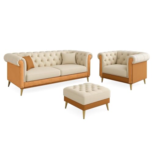 Image of Classic 3+1= 4 Seater with Footrest Seater Sofa Set Luxury Chesterfield Modern Fahionalable Sleeper Sofa for Living Room, Dining Room, (Beige Brown A1)