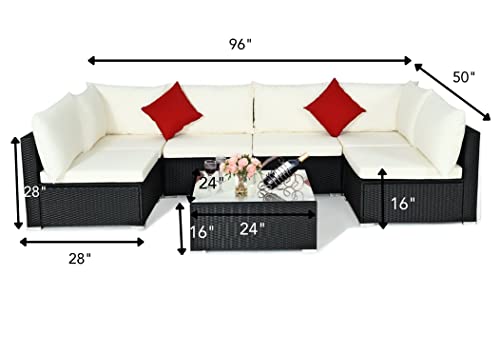 Image of DEVOKO 6 Seater Wicker Outdoor Garden Sectional Conversation Furniture with Glass Top Table & Waterproof Cushion for Patio, Deck, Lawn, Poolside (Black & White)