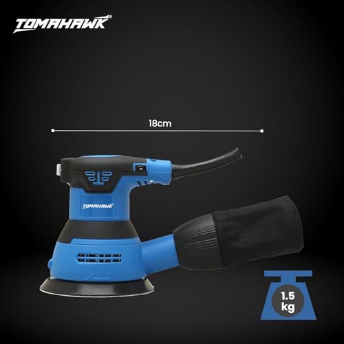 Image of TOMAHAWK TFS-3700 350W Random Orbital Sander 125mm (5 Inch) Sanding Pad | 6 Variable Speed (8000-12000 RPM) | Lightweight 1.5kg | 2m Power Cord | Wood, Metal & DIY Polishing Tool