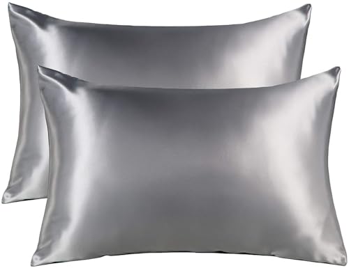 Juego de 2 fundas de almohada de satén sedosas para el cabello, fundas de almohada gris oscuro con cierre de sobre, frescas y fáciles de lavar, juego de 2 fundas de almohada solo sin relleno (gris,