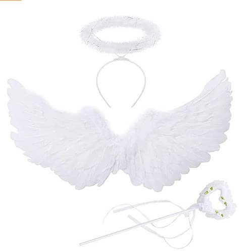 Locisne 3 Pieces Wing Set (Angel Wings, Headband, Fairy Wand) Feather Fairy Demon Party Halloween Cosplay Carnival Role Plays Comic Con Themed Dressing, for Children Teenagers Girls (white)