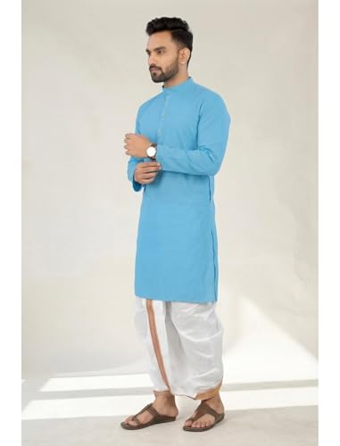 Image of UNIQUE MOMENTS Men's Cotton Dhoti Kurta Set with Full Sleeves Solid Pattern Modern Style and Mandarin Collar Neck | Perfect for Puja & Celebrations