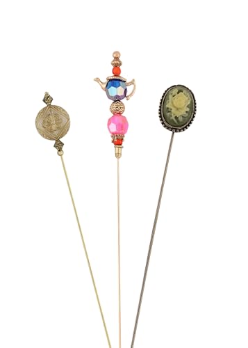 Image of Alilang Magic Lamp Pearl Lady Camo Rose Heart Rhinestones 3Pcs Vintage Long Handle Hat and Lapel Pins with Flexible Bendable Design