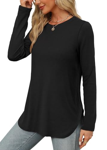 Image of XIEERDUO Womens Long Sleeve Round Neck Shirts Side Split Basic Loose Tunic Tops Casual 2026