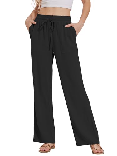 Moss Rose Women's Linen Pants Drawstring High Waisted Flowy Wide Leg Palazzo Trousers with Pockets