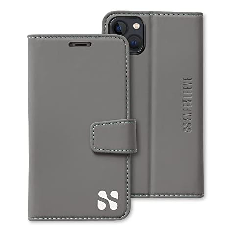 SafeSleeve EMF Protection for iPhone 14 Case: RFID Blocking Card Holder Wallet, Adjustable Stand Case, Vegan Leather for Women & Men (Grey) Cover