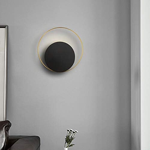 LITFAD Circle Wall Sconce Light Postmodern Metal 1 Head Black and Brass Wall Lamp Creative LED Wall Light for Restaurant Bedroom Living Room Corridor, Warm Light