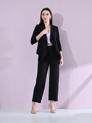 Image of Women's Solid Relaxed Fit 3 /4 Sleeve Cotton Blend Co-ord Blazer and Trouser Set
