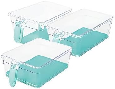 6-Piece (3 Bins) Handled Lidded Storage Box Bin Container Set, Aqua Turquoise