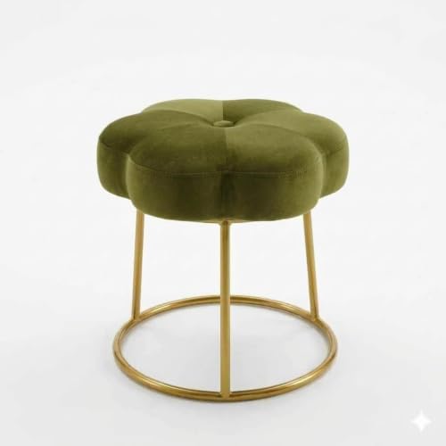 Image of Flower Ottoman Foot Stool for Bedroom and Living Room, Round Makeup Vanity Chair with Metal Legs and Soft Padded Seat-Olive Green