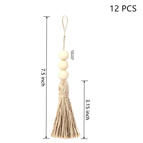 Happyay 12 Pcs Jute Rope Tassel With 3 Wood Beads, Farmhouse Beads With Tassel Ornaments Hanging Decoration For Closet Door Knob Decor #TOP6