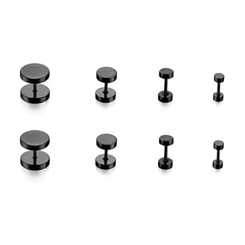 EUJEBEDA 4 Pairs (8pcs) Black Stud Earrings Fake Plug Earrings Black Mens Ear Studs Stainless Steel Stud Ears Barbell Ear Plugs Screw Studs Ear Rings for Men Women Wedding Gift 4mm 6mm 8mm 10mm Cover