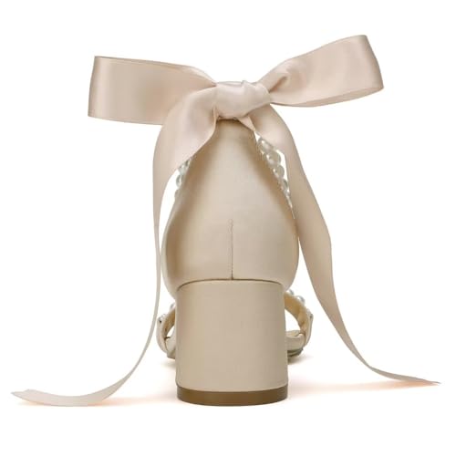 Image of Block Heel Wedding Sandals, Pearl Embellished Ankle Strap, Low Heel Bridal Shoes for Women, Size EU 36-41