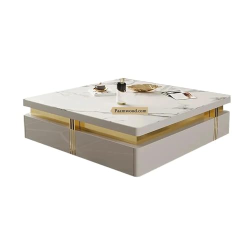 Image of Premium Marble-Top Wooden Center Table with Drawer for Living Room | Luxury Modern Coffee Table | Contemporary Design Craftsmanship - 36X36X17 Inch (White)