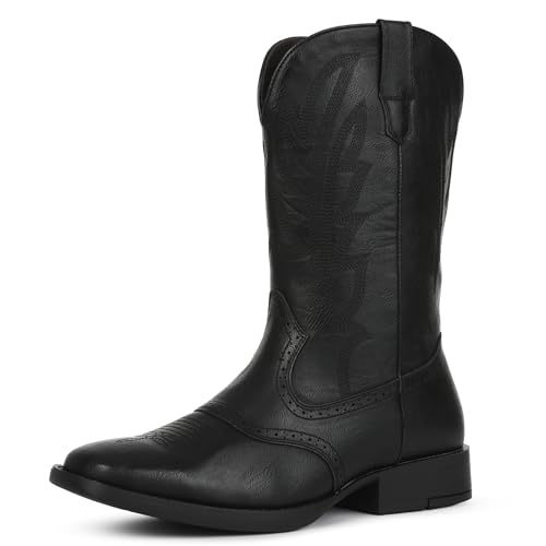 Lyrisiphy Mens Cowboy Boots Black Square Toe Embroideried Western Boots Traditional Country Boots Durable Work Boots