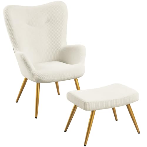 Yaheetech Sillón Orejero con Reposapiés, Butaca de Salón con Taburete, Tapizado en Pana, Ergonómico Soporte 136kg, Ideal para Salón Dormitorio Oficina Beige