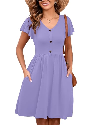 Image of Heymoments Women's Ruffle Sleeve V Neck Swing Sundress Summer Casual A-Line Midi Dress with Pockets S-2XL