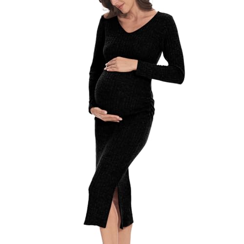 black long sleeve fitted maternity dress Black Lace Overlay Long Sleeve Fitted Maternity Midi Dress