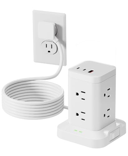 Tagzilo Power Strip Tower with Surge Protector 1800J, Fast Charging Tower PD20W USB-C Ports with 8 AC Outlets, Extension Cord for Home Office Dorm Room, White, 5FT