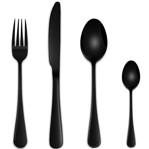 Image of Black 16-Piece Cutlery Sets,Tableware Sets Include Knife Spoon and Fork Silverware Sets for Kitchen,Stainless Steel Silverware Sets Service for 4