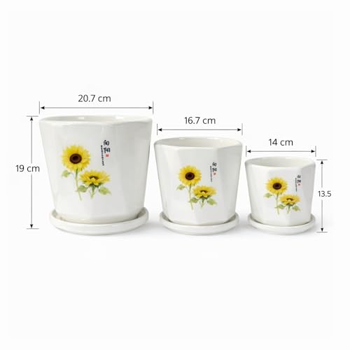 Image of Xtore Charming Sunflower Ceramic Planter Set with Drain Tray | Elegant Indoor & Outdoor Flower Pots for Living Room, Balcony, Office Desk & Garden Decor (Set of 3, White&Yellow) (Planter only)